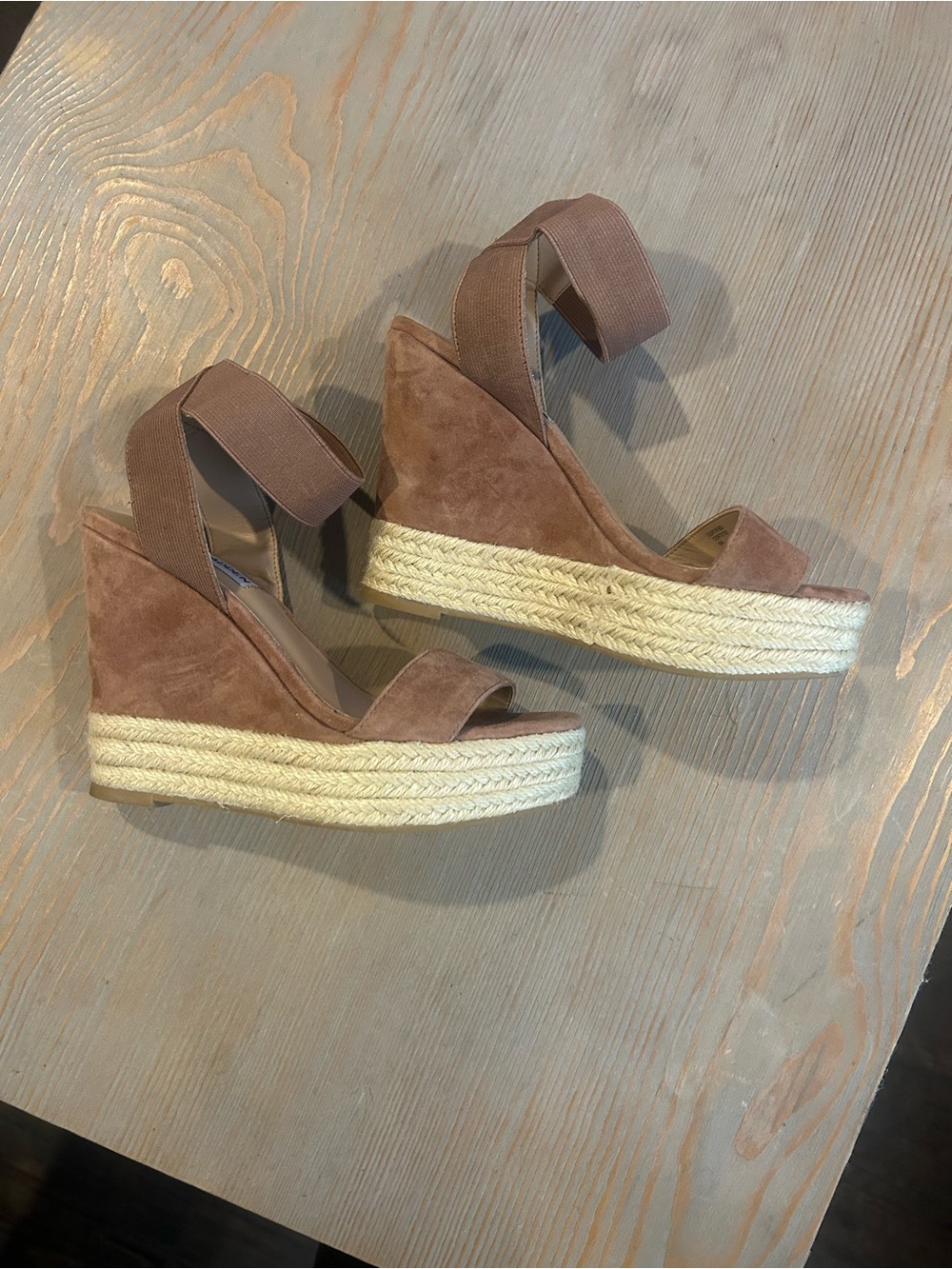 Steve Madden Antique Pink Suede Wedge Sandals with Elastic Ankle Straps